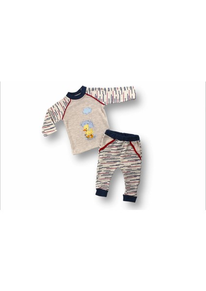 0-3 3-6 6-9 Ay Şemsiyeli Ördek Nakışlı Uzun Kollu Sweatli 2li Kız-Erkek Bebek Takımı Mavi