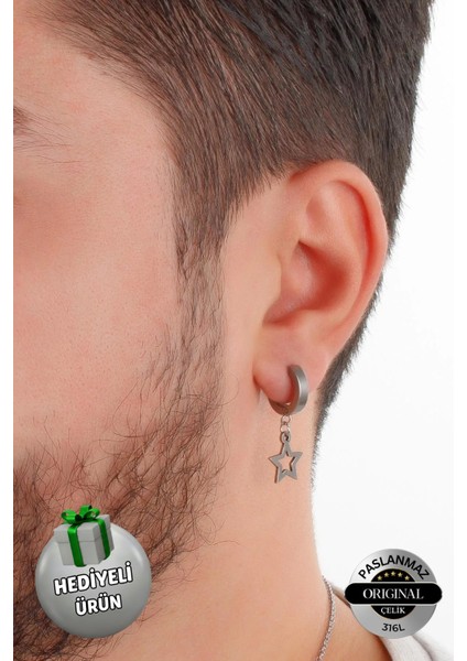 Sıkıştırmalı Trend Deliksiz Yıldız Model Sallantılı Erkek Çelik Küpe 1 Adet