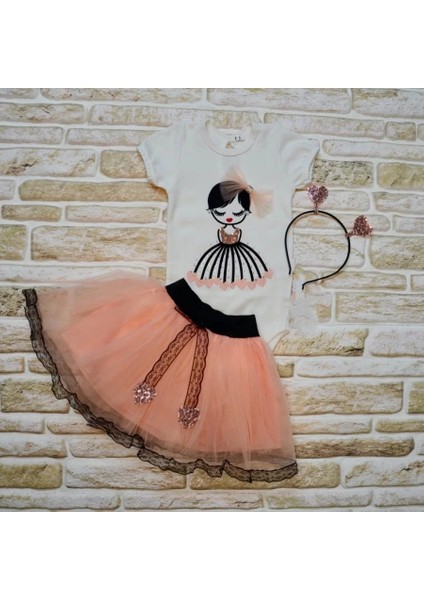 9-12-18 Ay Kalp Kız Nakışlı Taçlı Kısa Kollu Tütü Etek 3lü Kız Bebek Takımı Pudra