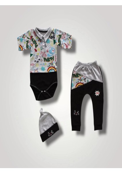 6-9 12-18 18-24 Ay Power Kedi Nakışlı Uzun Kollu Zıbınlı Şapkalı 3lü Kız Erkek Bebek Takımı Siyah