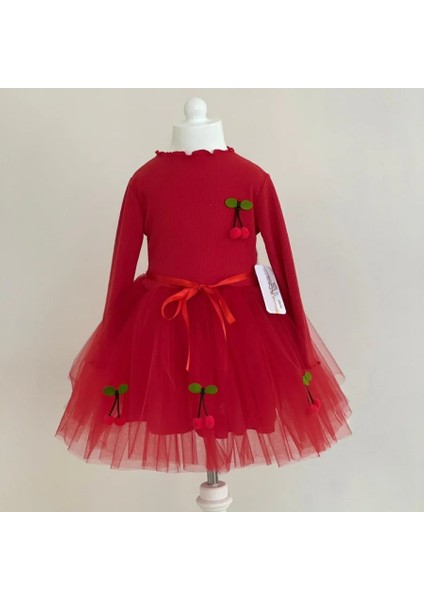 5-6-7 Yaş Kiraz Desenli Kurdela Kuşaklı Astarlı Uzun Kollu Kız Çocuk Tütü Elbise Kırmızı