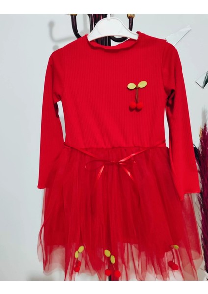 5-6-7 Yaş Kiraz Desenli Kurdela Kuşaklı Astarlı Uzun Kollu Kız Çocuk Tütü Elbise Kırmızı fırsatları