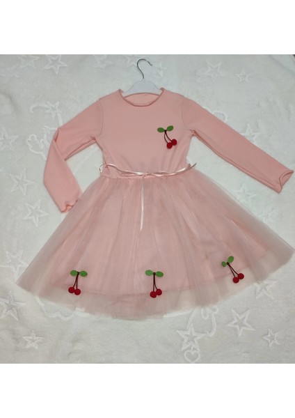 5-6-7 Yaş Kiraz Desenli Kurdela Kuşaklı Astarlı Uzun Kollu Kız Çocuk Tütü Elbise Somon fiyatları