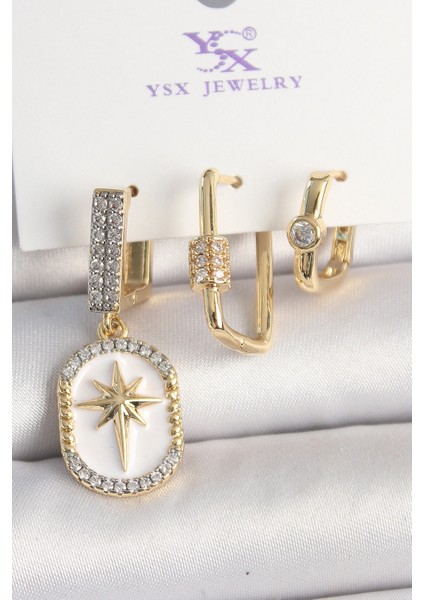Pirinç Gold Renk Sallantı Zirkon Taş İşlmeli Yıldız Portre Model 3'Lü Kadın Kombin Küpe - TJ-BKP10452