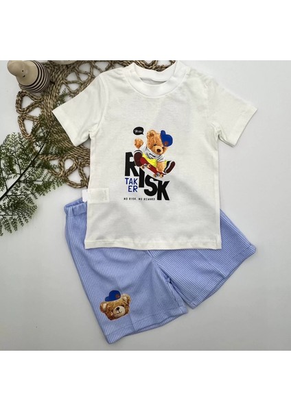 1-2-3 Yaş Kaykaycı Ayı Baskılı Şortlu Kısa Kollu Tişört 2li Erkek Bebek Takımı Ekru