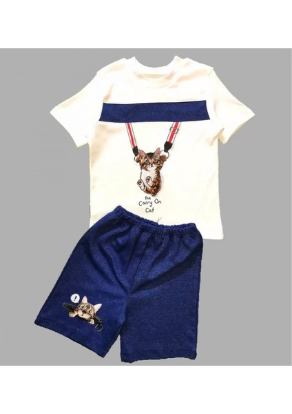 1-2-3 Yaş Fermuarlı Kedi Baskılı Şortlu Kısa Kollu Tişört 2li Erkek Bebek Takımı Indigo