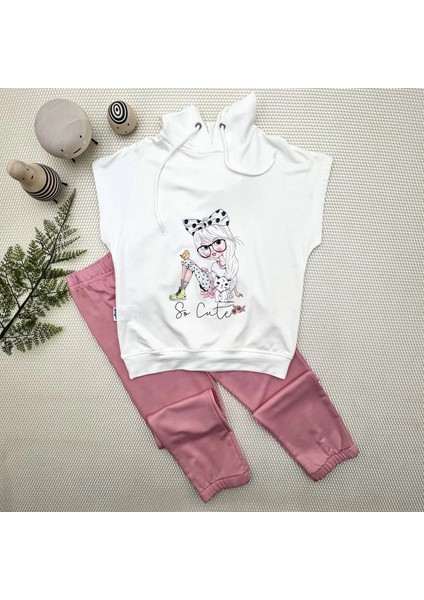 3-4-5 Yaş Kapşonlu Sevimli Kız Baskılı Kısa Kolu 2li Kız Erkek Çocuk Takımı Gül Kurusu