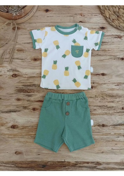 3-6 6-9 9-12 Ay Ananas Baskılı Şort Tişört 2 Li Kız Erkek Bebek Takımı Yeşil fiyatları