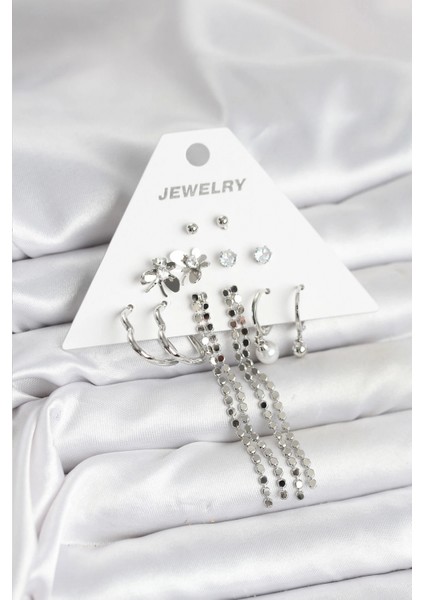 Pirinç Gümüş Renk 6 Çift Kadın Küpe - TJ-BKP11336