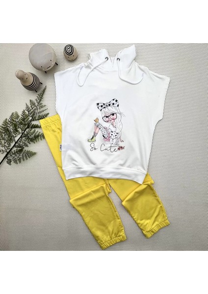 3-4-5 Yaş Kapşonlu Sevimli Kız Baskılı Kısa Kolu 2li Kız Erkek Çocuk Takımı Sarı
