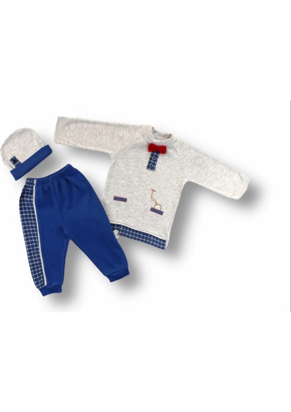3-6 6-9 9-12 Ay Cep Saat Nakışlı Şapkalı Uzun Kollu Sweatli 3lü Erkek Bebek Takımı Mavi
