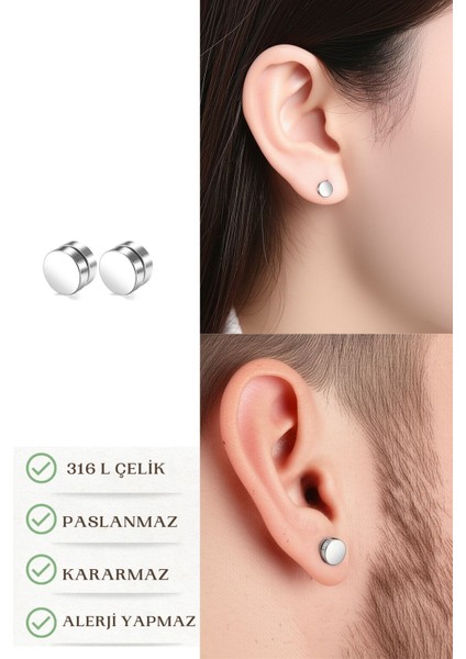 Mıknatıslı Trend Düz Yuvarlak Erkek Çelik Küpe 8mm 2 Adet fiyatları