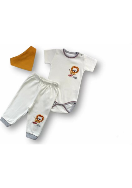 3-6 6-9 9-12 Ay Yavru Aslan Nakışlı Bandajlı Kısa Kollu Zıbınlı 3lü Erkek Bebek Takımı Ekru