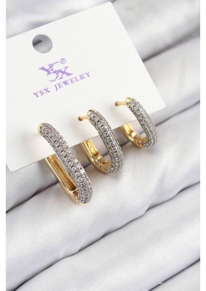 Pirinç Zirkon Taşlı 3'lü Oval Dikdörtgen Model Gold Ve Gümüş Renk Kadın Küpe - TJ-BKP11150