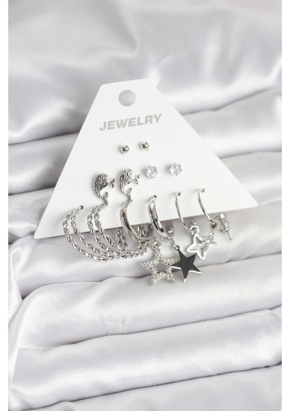 Pirinç Gümüş Renk 6'lı Kadın Küpe Seti - TJ-BKP11333