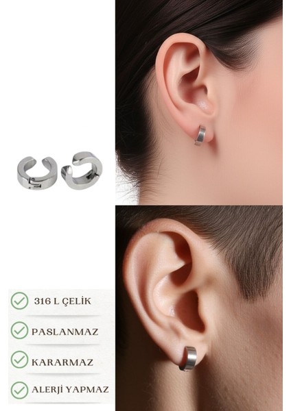 Sıkıştırmalı Deliksiz Trend Çelik Erkek Kalın Halka Küpe 2 Adet indirimleri