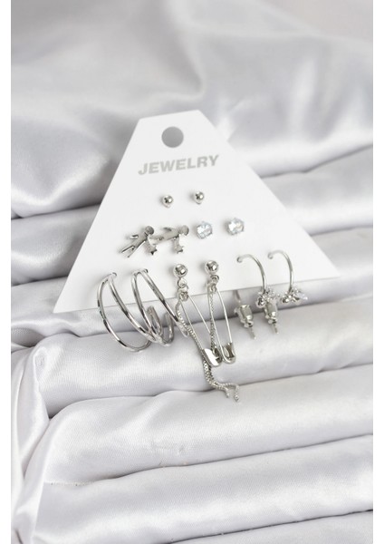 Pirinç Gümüş Renk 6'lı Kadın Küpe Seti - TJ-BKP11329