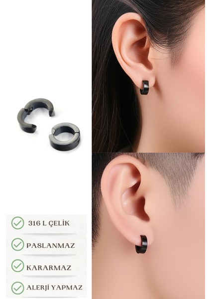 Sıkıştırmalı Deliksiz Trend Çelik Erkek Kalın Halka Küpe 2 Adet