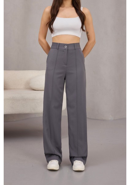 Kadın Yüksek Bel Likralı Geniş Paça Çımalı Rahat Kesim Pantolon