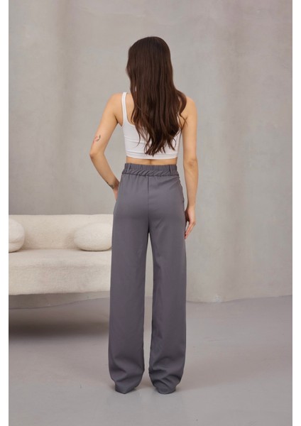 Kadın Yüksek Bel Likralı Geniş Paça Çımalı Rahat Kesim Pantolon