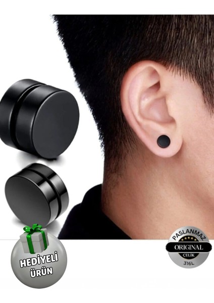 Mıknatıslı Trend Düz Yuvarlak Erkek Çelik Küpe 8mm 2 Adet