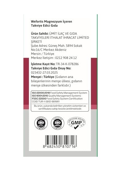 Wefortis Magnezyum Kompleks 3’ü 1 Arada 60 Tablet