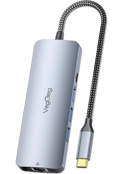 Veggieg 4K 60Hz HDMI Gigabit Ethernet 3*usb-A 2*type-C 3.5mm Aux Sd Micro Sd Kart Okuyucu Çevirici Çoklayıcı Hub