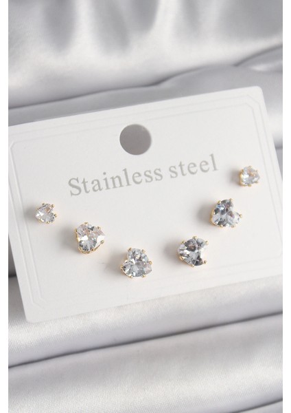 316L Çelik Gold Renk Zirkon Taşlı Kalp Model Kadın Küpe Seti - TJ-BKP9880