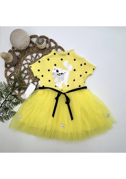 1-2-3 Yaş Payetli Kedicik Baskılı Puantiyeli Kız Bebek Elbisesi Sarı
