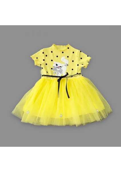 1-2-3 Yaş Payetli Kedicik Baskılı Puantiyeli Kız Bebek Elbisesi Sarı fiyatları