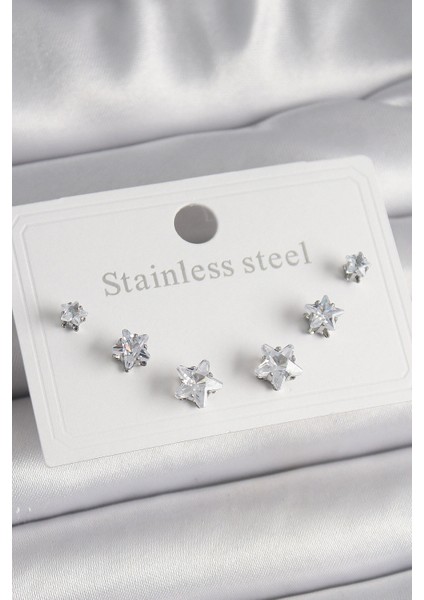 316L Çelik Gümüş Renk Zirkon Taşlı Yıldız Model Kadın Küpe Seti - TJ-BKP9881
