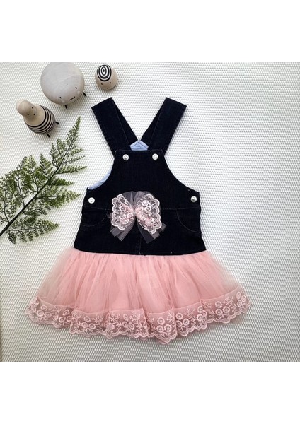 2-3-4 Yaş Fiyonklu Düğme Detaylı Tül Etek Kot Kumaş Salopet Kız Çocuk Elbisesi Siyah-Pudra
