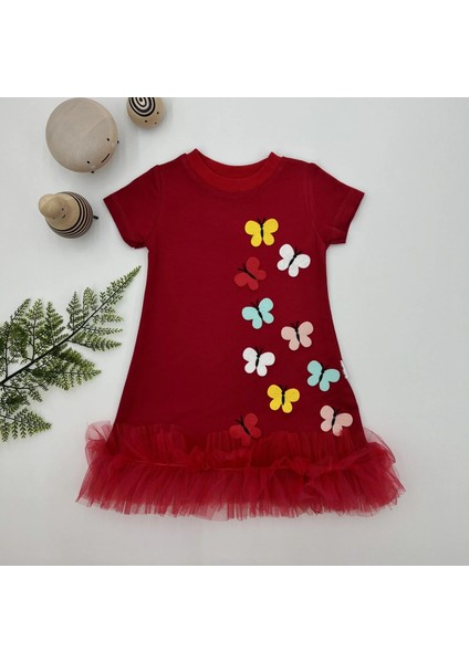 1-2-3 Yaş Renkli Kelebekler Nakışlı Eteği Fırfırlı Jile Çocuk Elbisesi Kırmızı