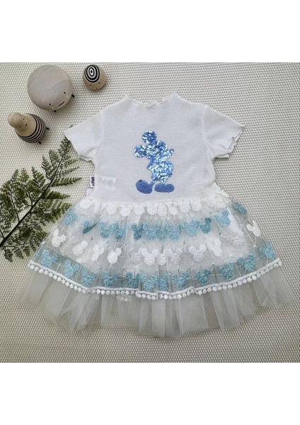 1-2-3 Yaş Payetli Mickey Baskılı Brode Etekli Kız Bebek Elbisesi Turkuaz