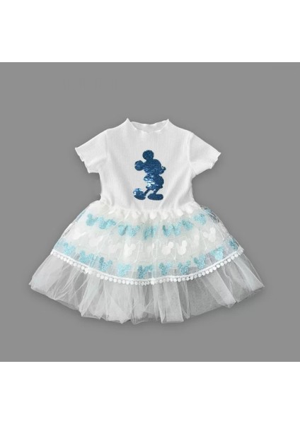 1-2-3 Yaş Payetli Mickey Baskılı Brode Etekli Kız Bebek Elbisesi Turkuaz fiyatları