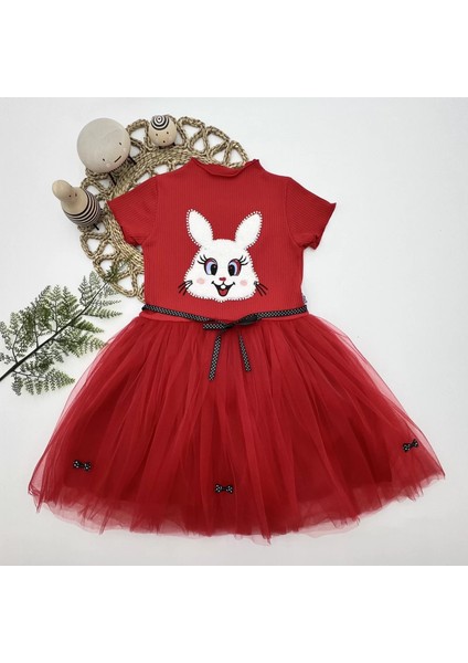 5-6-7 Yaş Payetli Tavşan Baskılı Kız Çocuk Elbisesi Kırmızı