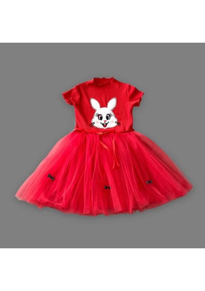 5-6-7 Yaş Payetli Tavşan Baskılı Kız Çocuk Elbisesi Kırmızı fiyatları