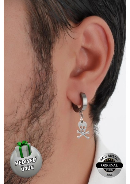 Sıkıştırmalı Trend Deliksiz Kuru Kafa Model Sallantılı Erkek 316L Çelik Küpe 1 Adet