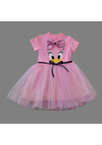 1-2-3 Yaş Payet Fiyonk Tokalı Ördek Nakışlı Astarlı Kız Bebek Tütü Elbisesi Pembe