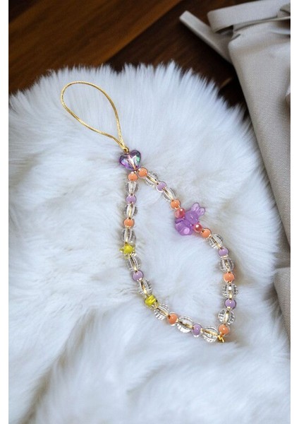 Mor Tavşan Figür ve Kalp Boncuklu Telefon Charmı, Telefon Ipi