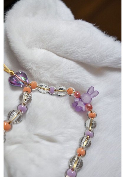 Mor Tavşan Figür ve Kalp Boncuklu Telefon Charmı, Telefon Ipi modelleri