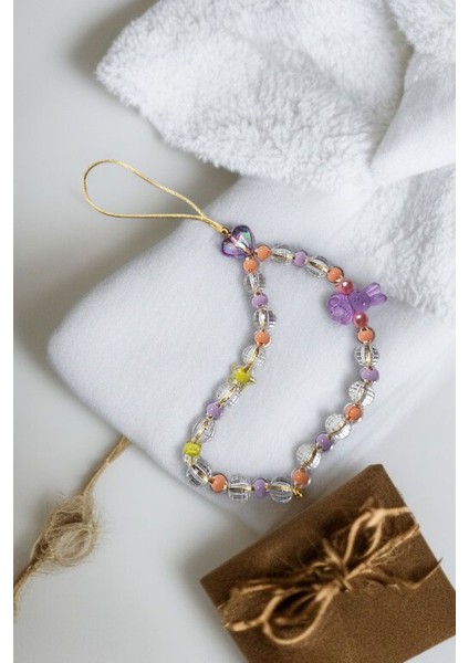 Mor Tavşan Figür ve Kalp Boncuklu Telefon Charmı, Telefon Ipi fırsatları