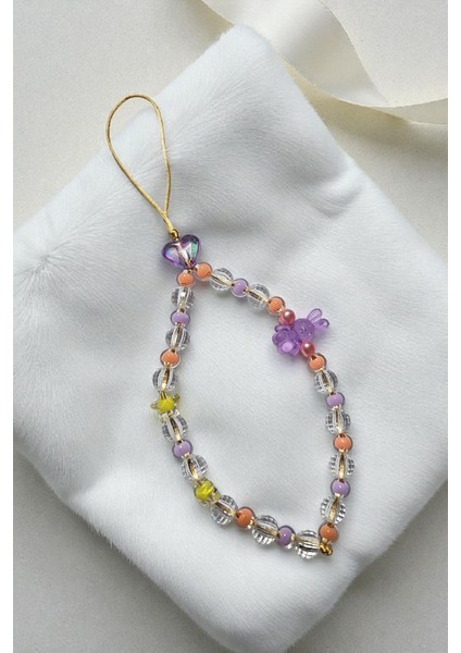 Mor Tavşan Figür ve Kalp Boncuklu Telefon Charmı, Telefon Ipi