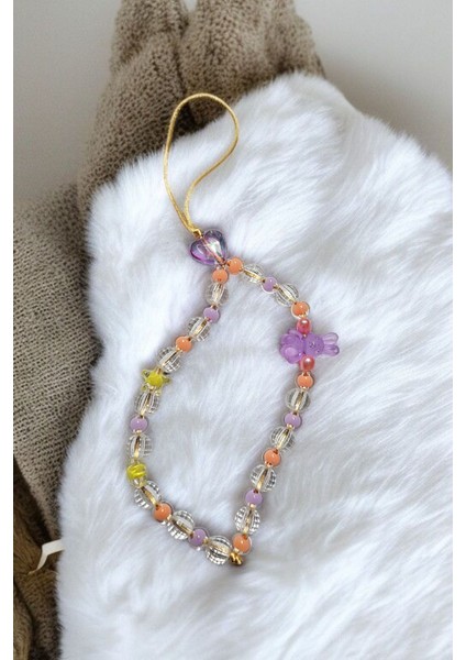 Mor Tavşan Figür ve Kalp Boncuklu Telefon Charmı, Telefon Ipi