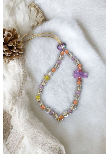 Mor Tavşan Figür ve Kalp Boncuklu Telefon Charmı, Telefon Ipi