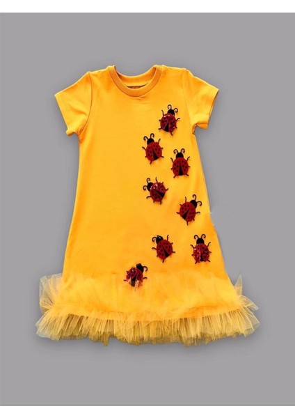1-2-3 Yaş Uğur Böceği Nakışlı Fırfır Uçlu Kız Çocuk Jile Elbisesi Turuncu fiyatları