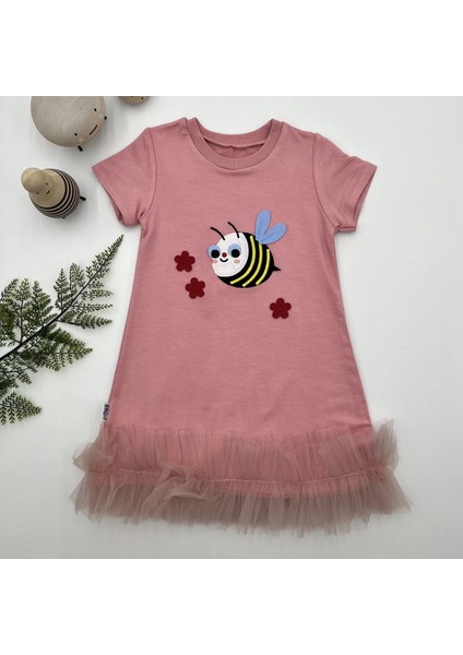 1-2-3 Yaş Arıcık Nakışlı Eteği Fırfırlı Jile Kız Çocuk Elbisesi Gül Kurusu