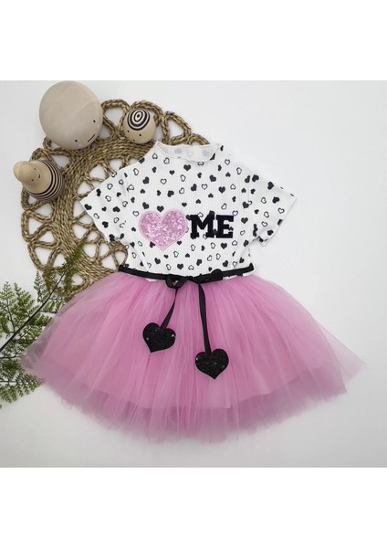 1-2-3 Yaş Payetli Kalp Me Baskılı Kız Bebek Elbisesi Pembe