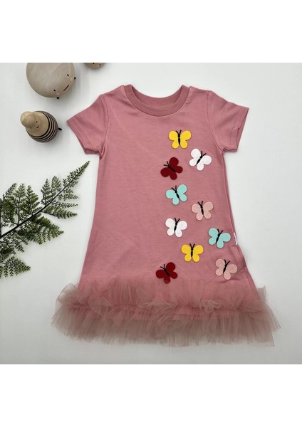 1-2-3 Yaş Renkli Kelebekler Nakışlı Eteği Fırfırlı Jile Çocuk Elbisesi Gül Kurusu