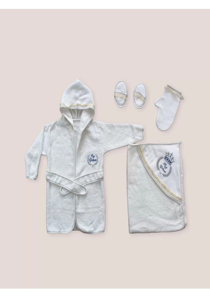 0-6 Ay Kaplan Nakışlı Bornozlu 5li Erkek Bebek Havlu Silgi Takımı Mavi